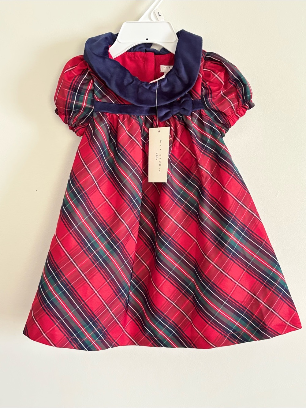 Max Studio Red Plaid Holiday Dress Navy Velvet Bow Christmas Baby 6-9 Months New